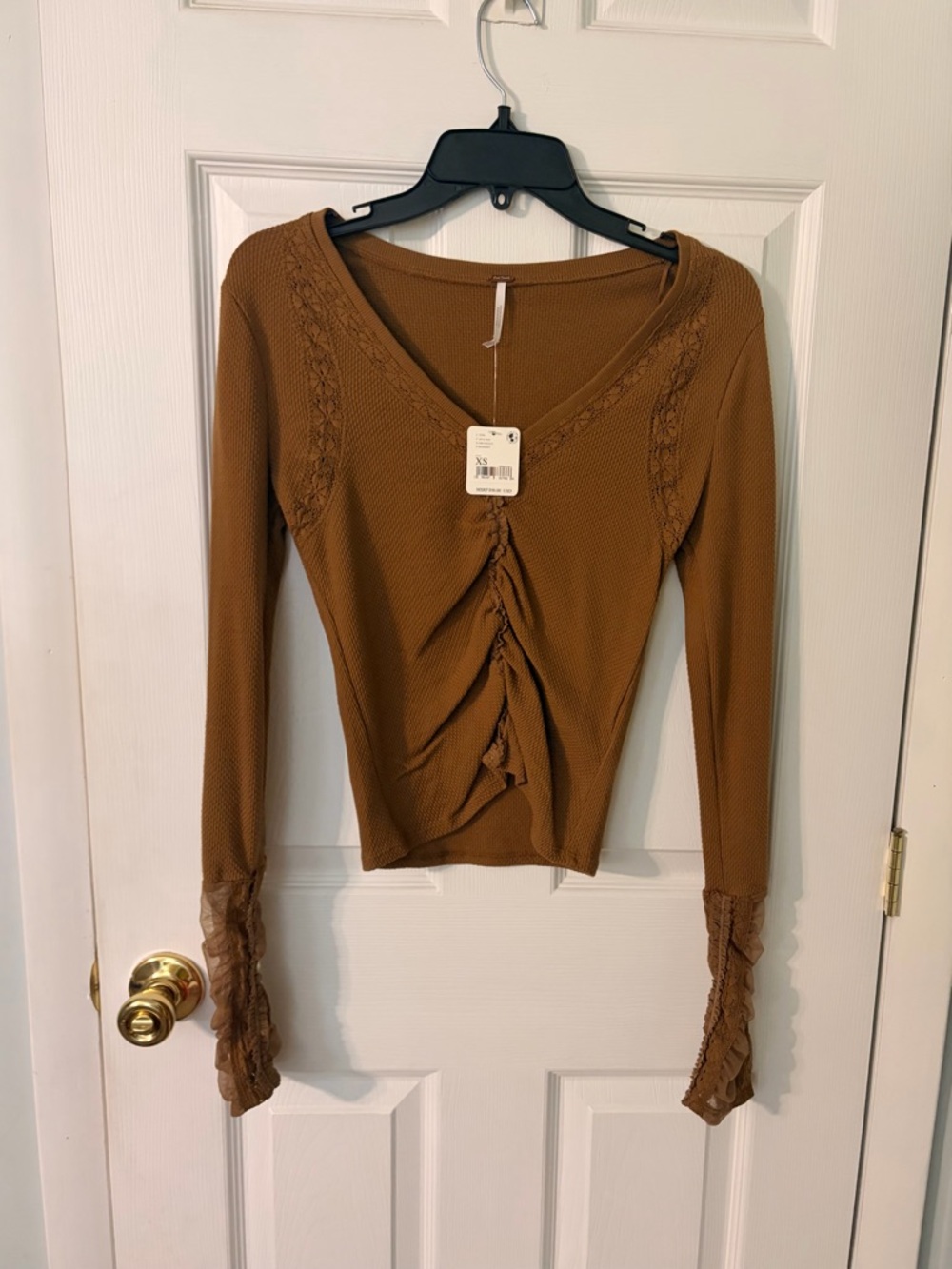 NWT Free People Wear Me Out Ruched V-Neck Lace Sleeve Top